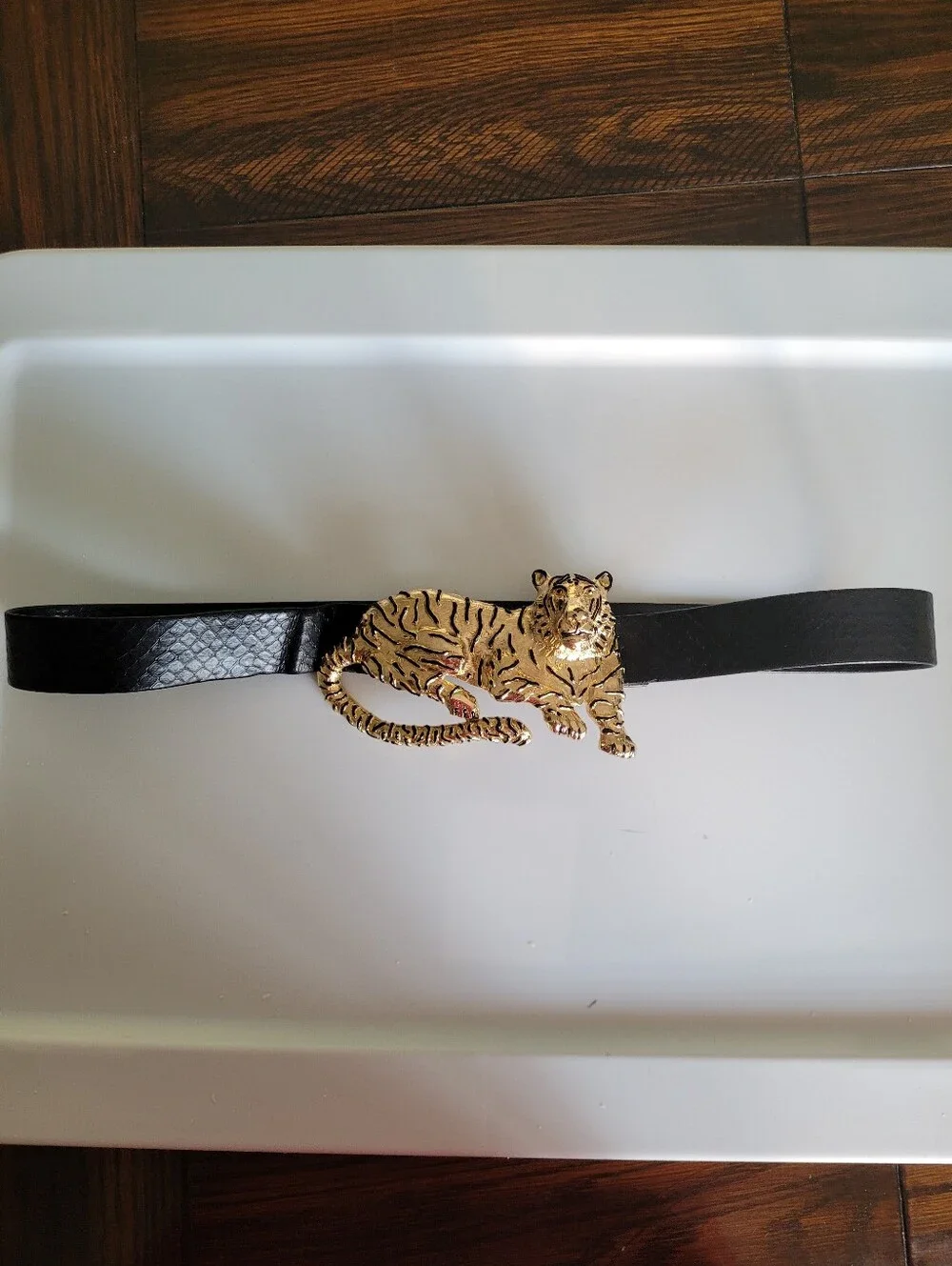 VTG Mimi Di 1987  Leopard Belt Buckle Black Gold Lux Animal  Removable Belt Leat